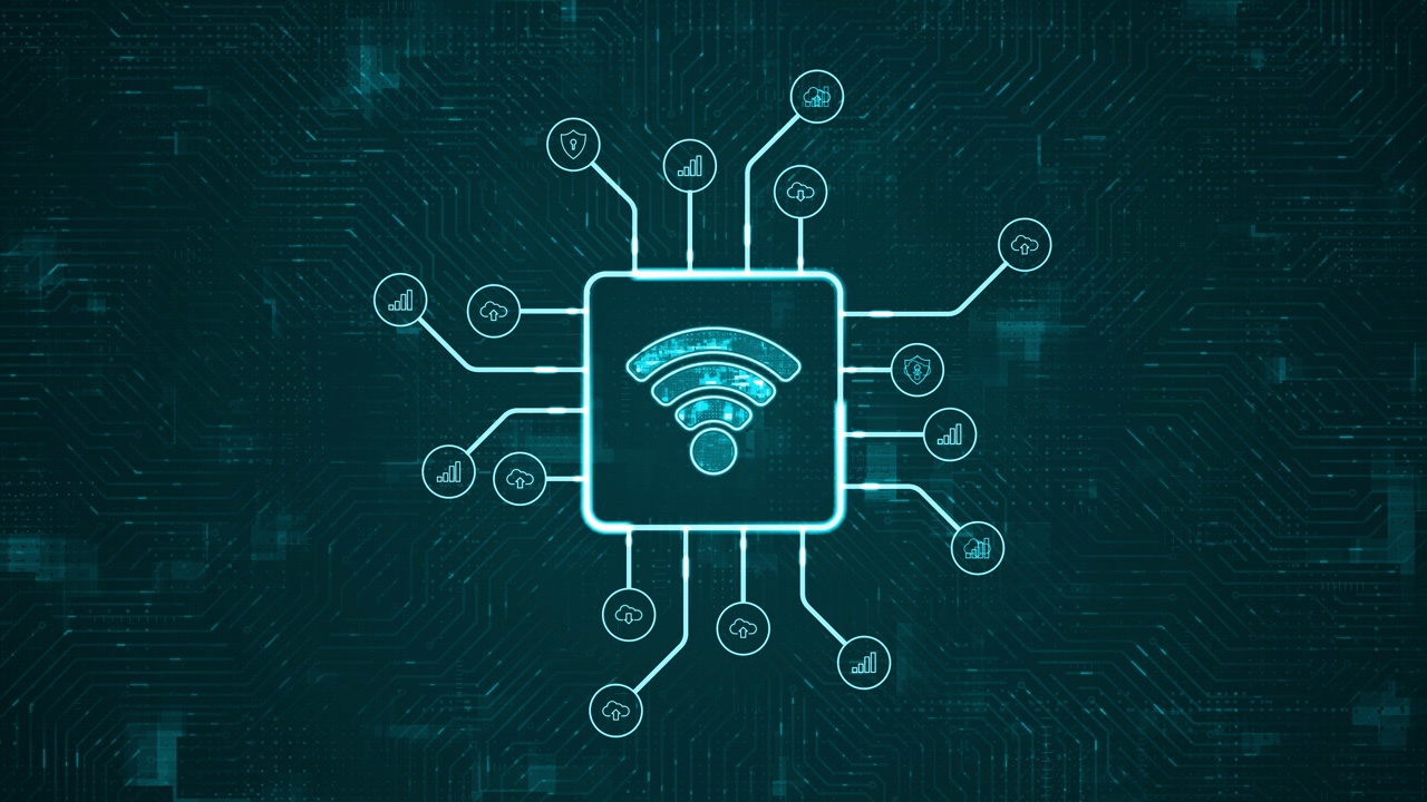 动态图形的蓝色数字WIFI标志和未来的HUD技术电路板与技术图标和数据传输的抽象背景与数据传输和无线保真连接的概念