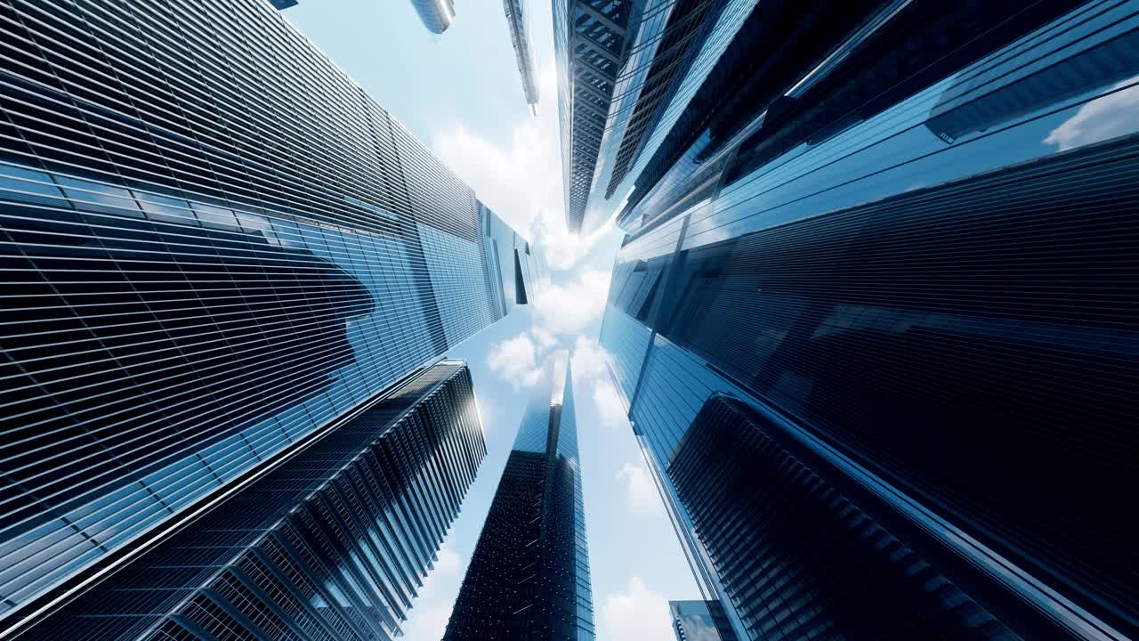 电子银行。在摩天大楼间办公的商人。全息图的概念