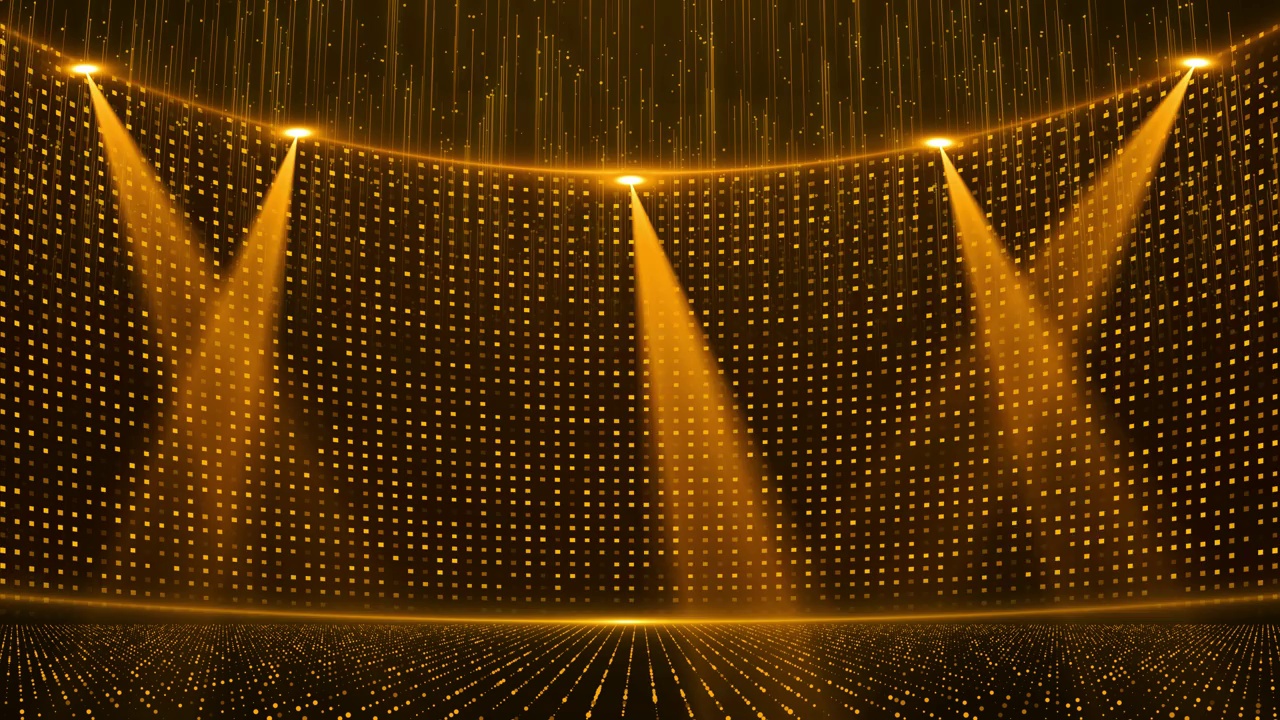 4K颁奖晚会舞台金光闪闪的舞台动画。星星，灯光，闪耀的粒子。豪华轻条纹。