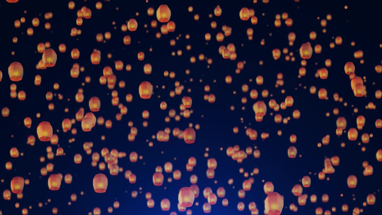 黑暗的天空充满了漂浮的灯笼，夜晚，漫天飞舞的灯笼，拜年的背景。