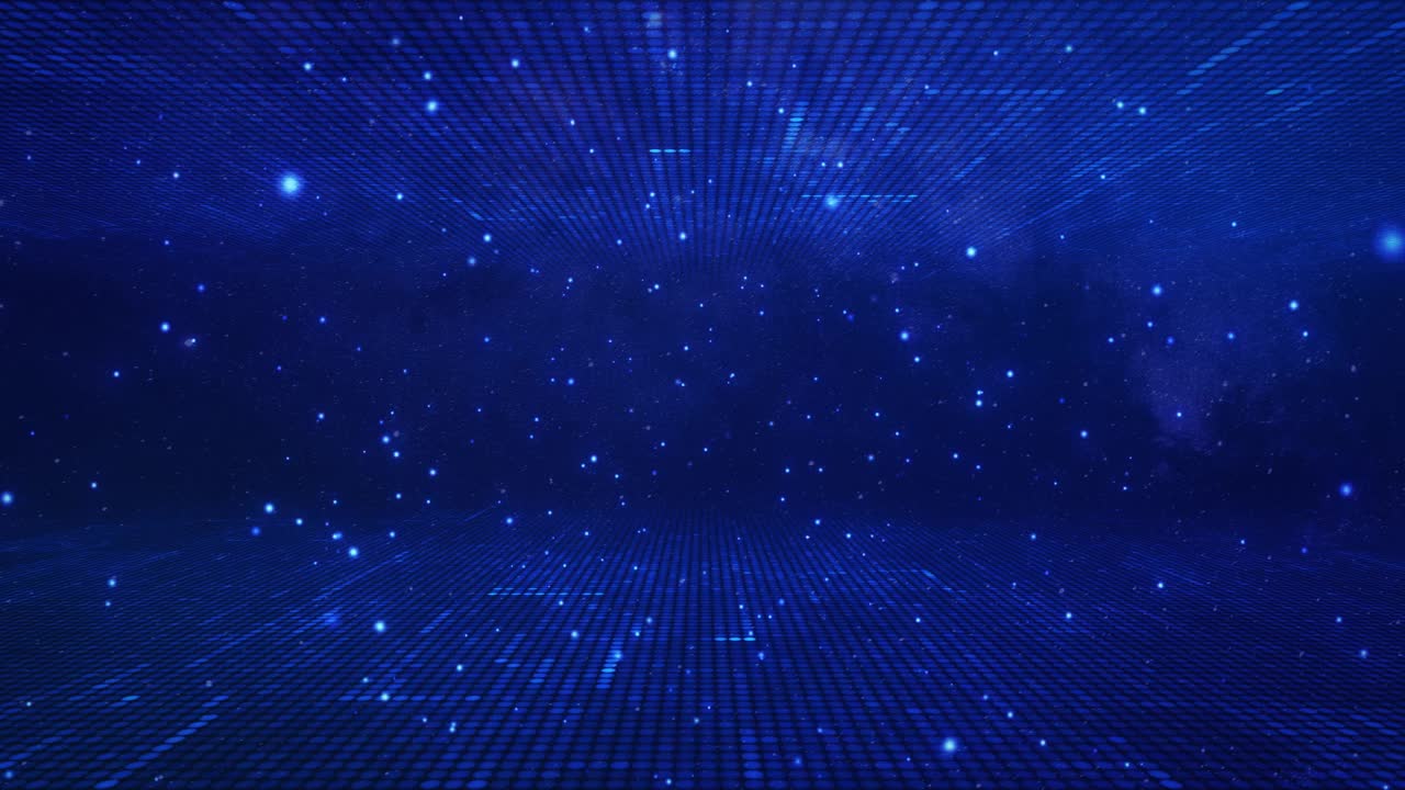 带有粒子的4K数字网络空间和数字数据网络连接。抽象技术数据流，蓝色数字发光网格，连接概念，大数据，未来背景，无缝循环，4K
