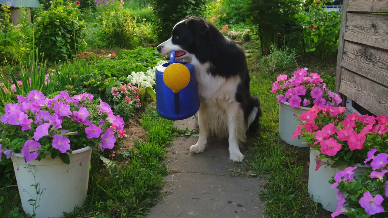 户外肖像可爱的狗边境牧羊犬拿着喷壶在花园的背景。滑稽的小狗当园丁拿着灌溉用的水罐。园艺和农业的概念。