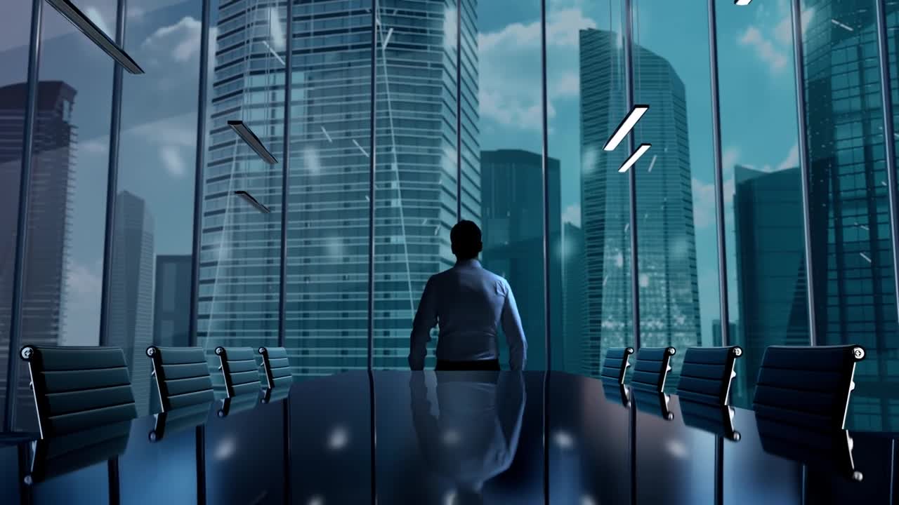 详情图-软件工程。在摩天大楼间办公的商人。全息图的概念
