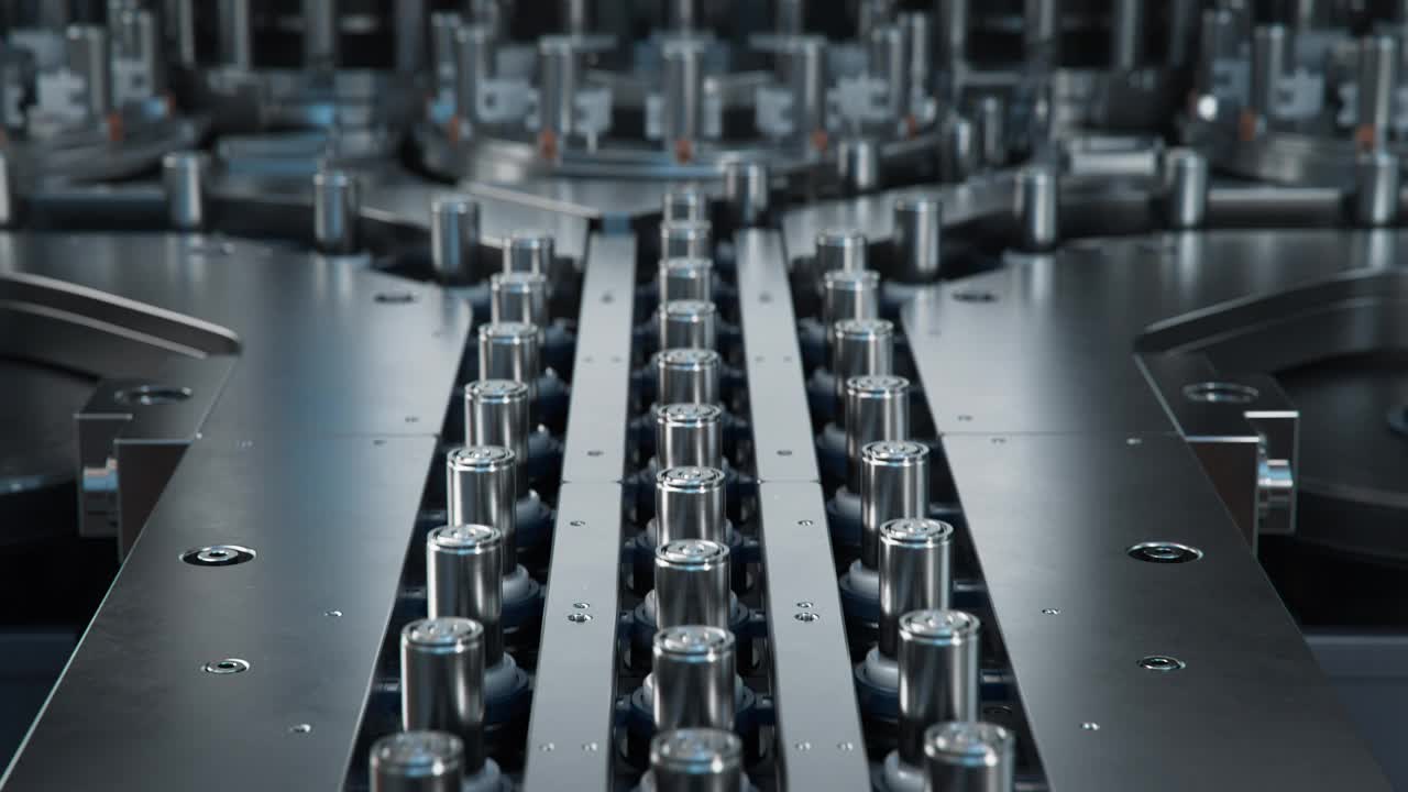 生产线上汽车工业用电芯。高性能和高容量电池制造工艺。高压电动汽车传送带用锂离子电池。