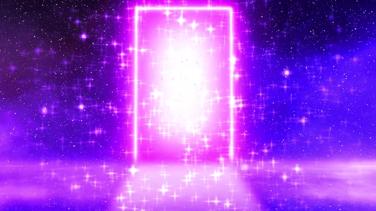 详情图-神奇的粉红色星空门灯。大厅里空荡荡的魔法门，闪烁着星星，一个人也没有。商业门口的视频动画，超现实的梦和想象的概念