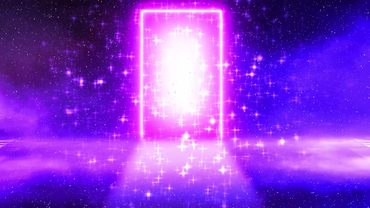 详情图-神奇的粉红色星空门灯。大厅里空荡荡的魔法门，闪烁着星星，一个人也没有。商业门口的视频动画，超现实的梦和想象的概念