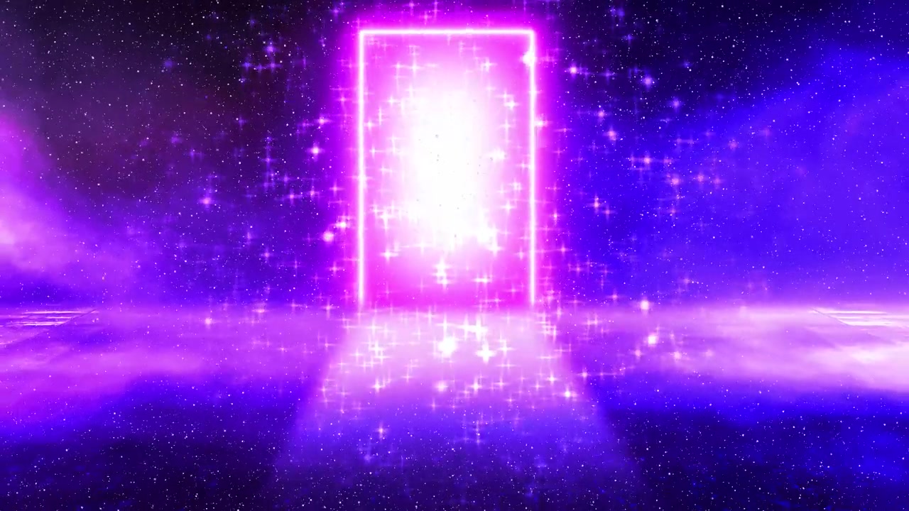 详情图-神奇的粉红色星空门灯。大厅里空荡荡的魔法门，闪烁着星星，一个人也没有。商业门口的视频动画，超现实的梦和想象的概念