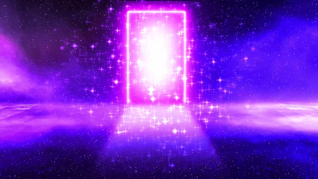 详情图-神奇的粉红色星空门灯。大厅里空荡荡的魔法门，闪烁着星星，一个人也没有。商业门口的视频动画，超现实的梦和想象的概念