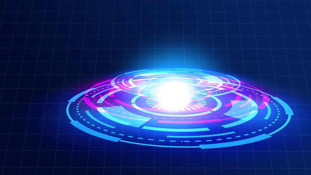 带有发光和3D全息图的虚拟HUD动画。基于暗网格背景的GUI VR数字设计。科幻UI视频创新，现代通信，技术未来和Web 3.0