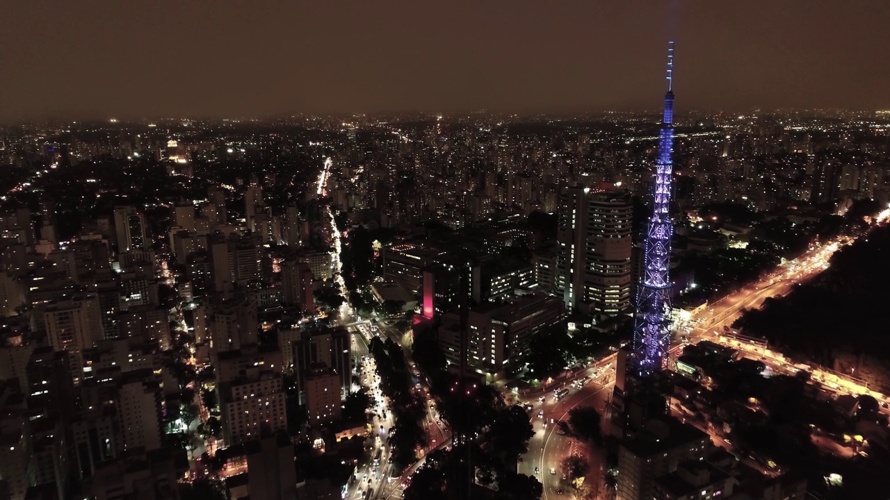 夜晚的圣保罗市景。夜城市区景观