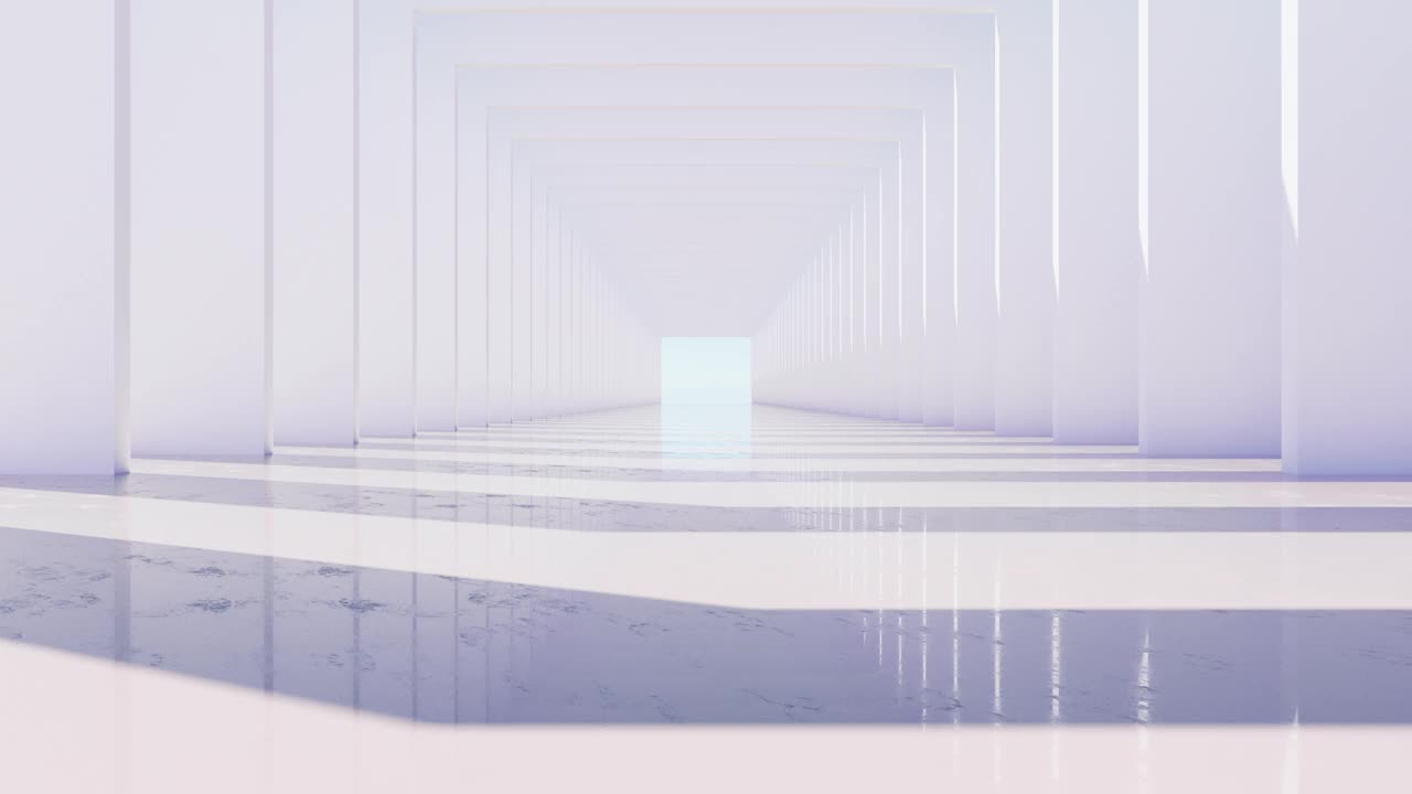 缓慢移动的摄像机通过浅色的方形拱门进行3D渲染
