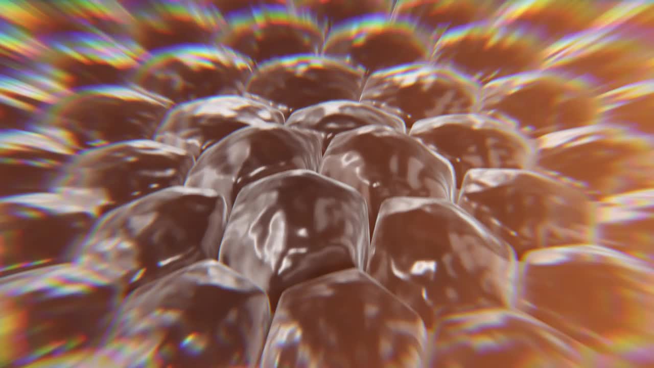 详情图-从显微镜看健康概念。水精华油滴在松弛的皮肤细胞，皮肤修复，保湿霜，胶原蛋白精华，广告背景准备使用，3D动画