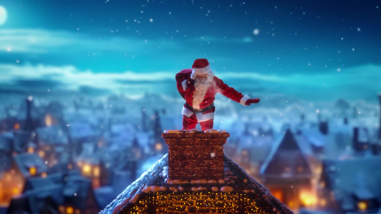詳情圖-圣誕前夜，圣誕老人背著裝滿禮物的紅色袋子，小心翼翼地走在屋頂上。圣誕老人對(duì)著鏡頭揮手，然后神奇地消失在煙囪里