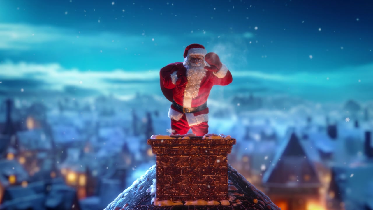 詳情圖-圣誕前夜，圣誕老人背著裝滿禮物的紅色袋子，小心翼翼地走在屋頂上。圣誕老人對(duì)著鏡頭揮手，然后神奇地消失在煙囪里