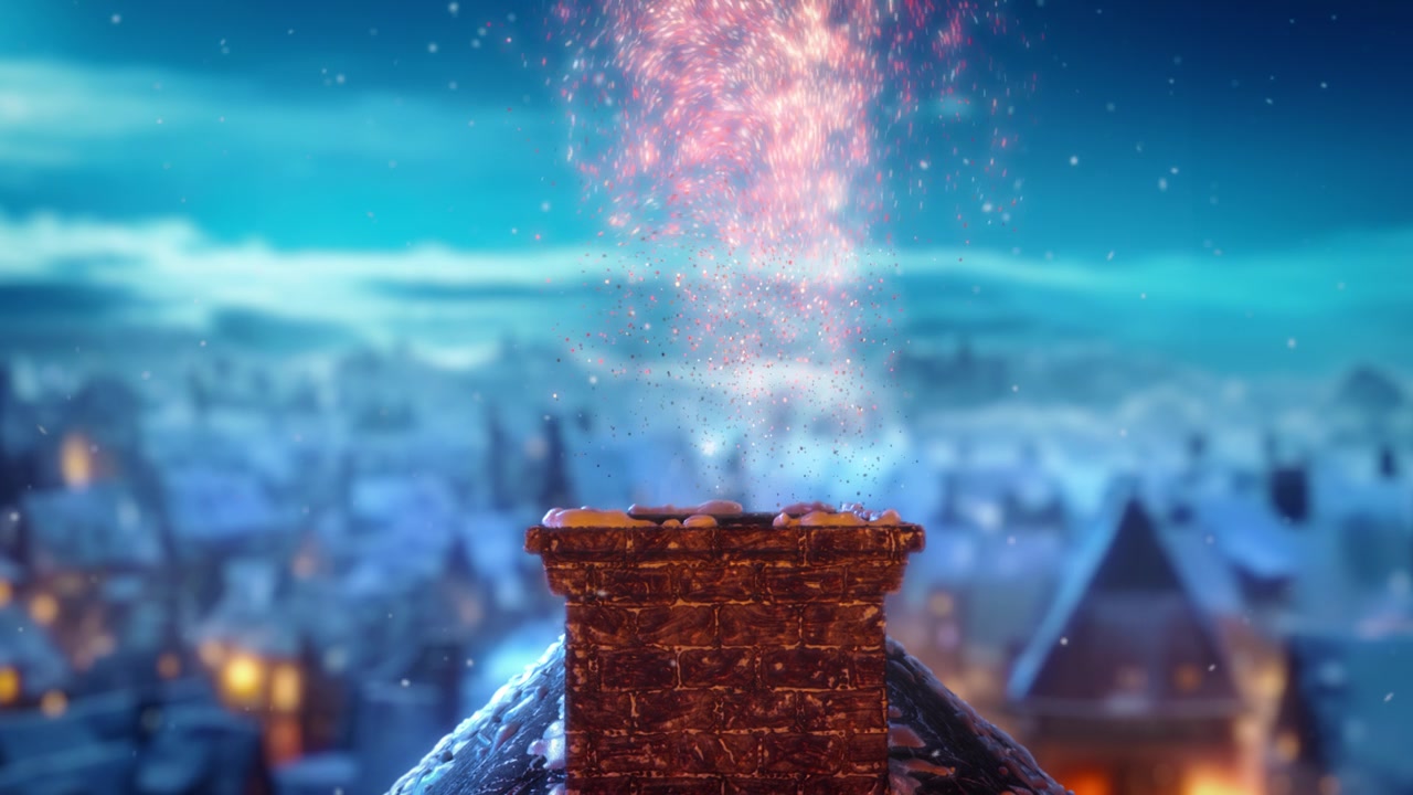 詳情圖-圣誕前夜，圣誕老人背著裝滿禮物的紅色袋子，小心翼翼地走在屋頂上。圣誕老人對(duì)著鏡頭揮手，然后神奇地消失在煙囪里