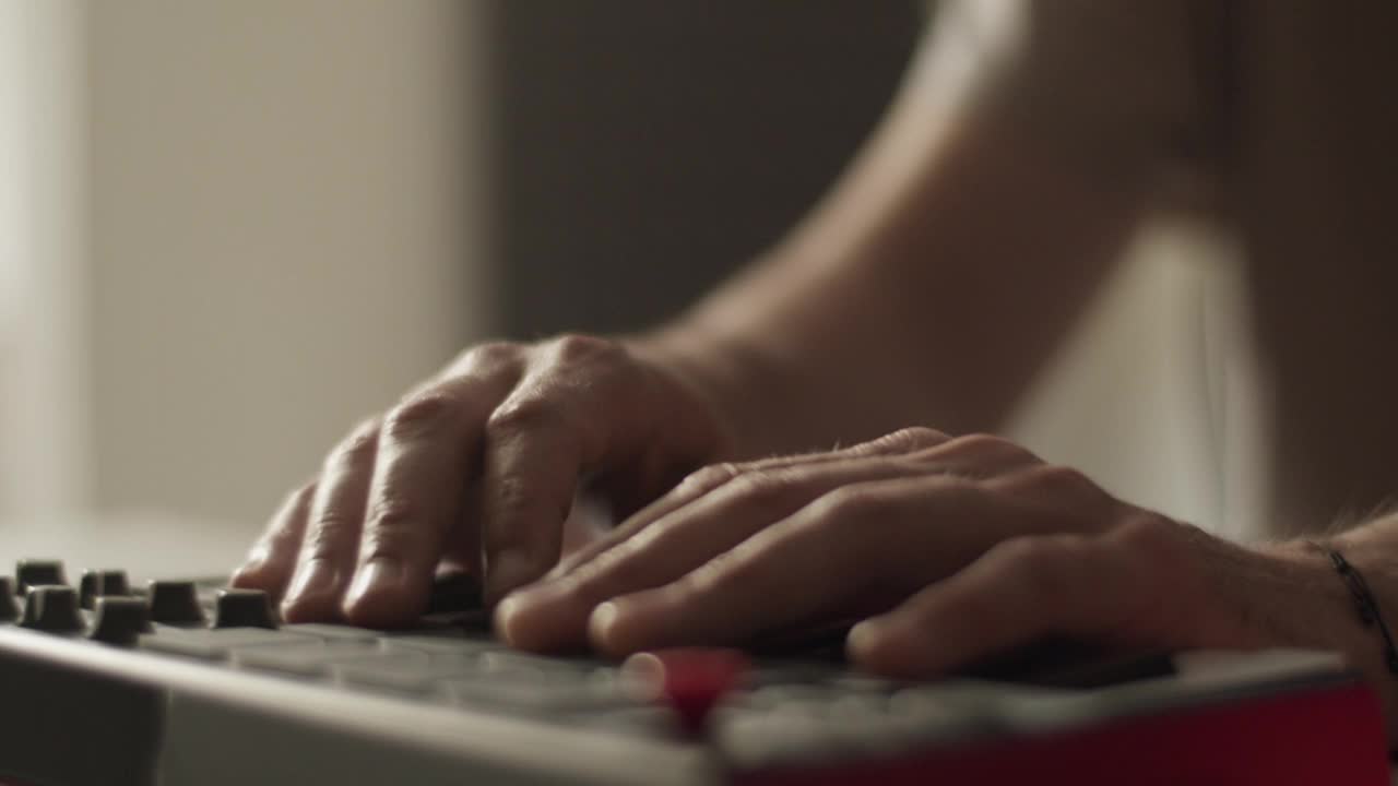 千禧一代作曲家在合成器上演奏音乐