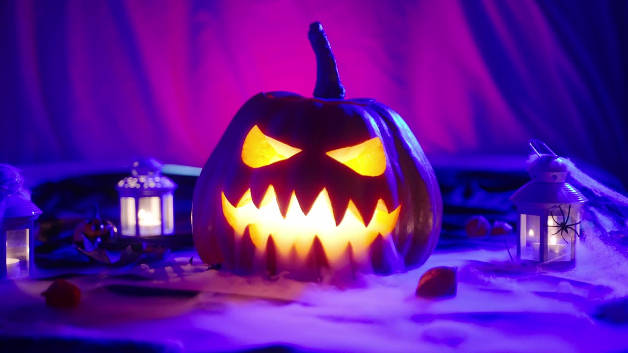 詳情圖-萬(wàn)圣節(jié)南瓜有發(fā)光的眼睛和一個(gè)惡意的微笑釋放煙霧