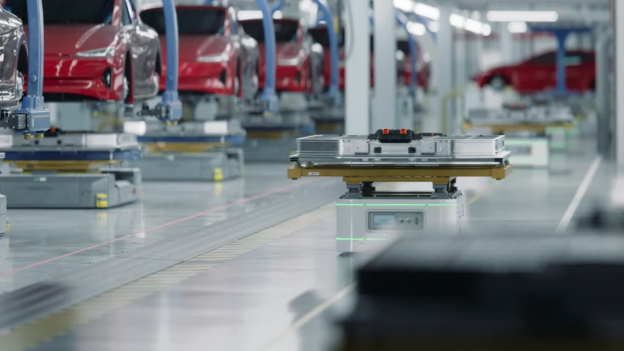 现代汽车工厂内运输电动汽车电池组的自动导引车。先进工厂电动汽车生产线。高性能电动汽车自主制造工艺