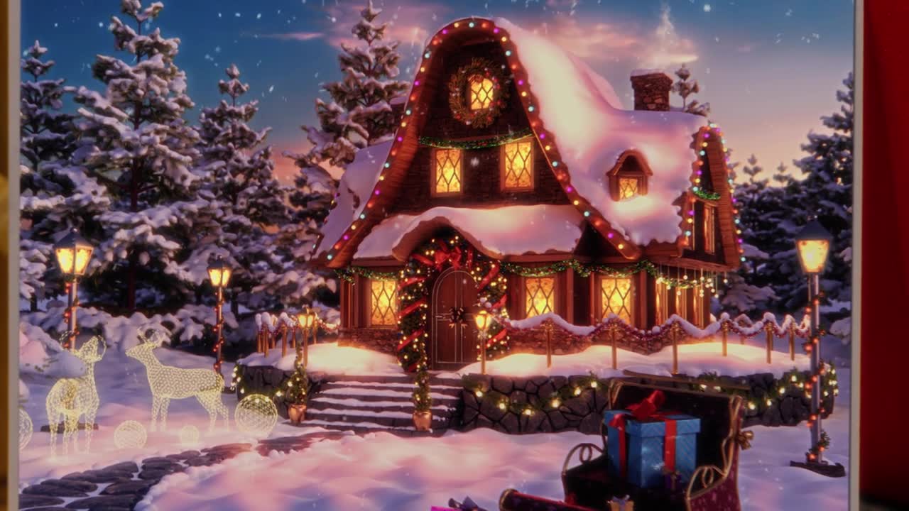 詳情圖-神奇的動畫圣誕賀卡或藝術(shù)繪畫與一個舒適的房子，風(fēng)格與節(jié)日裝飾冬季假期。圣誕老人在森林里的家有很多雪和一輛裝滿禮物的雪橇