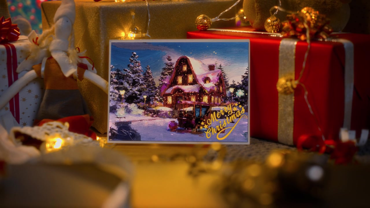 詳情圖-神奇的動畫圣誕賀卡或藝術(shù)繪畫與一個舒適的房子，風(fēng)格與節(jié)日裝飾冬季假期。圣誕老人在森林里的家有很多雪和一輛裝滿禮物的雪橇