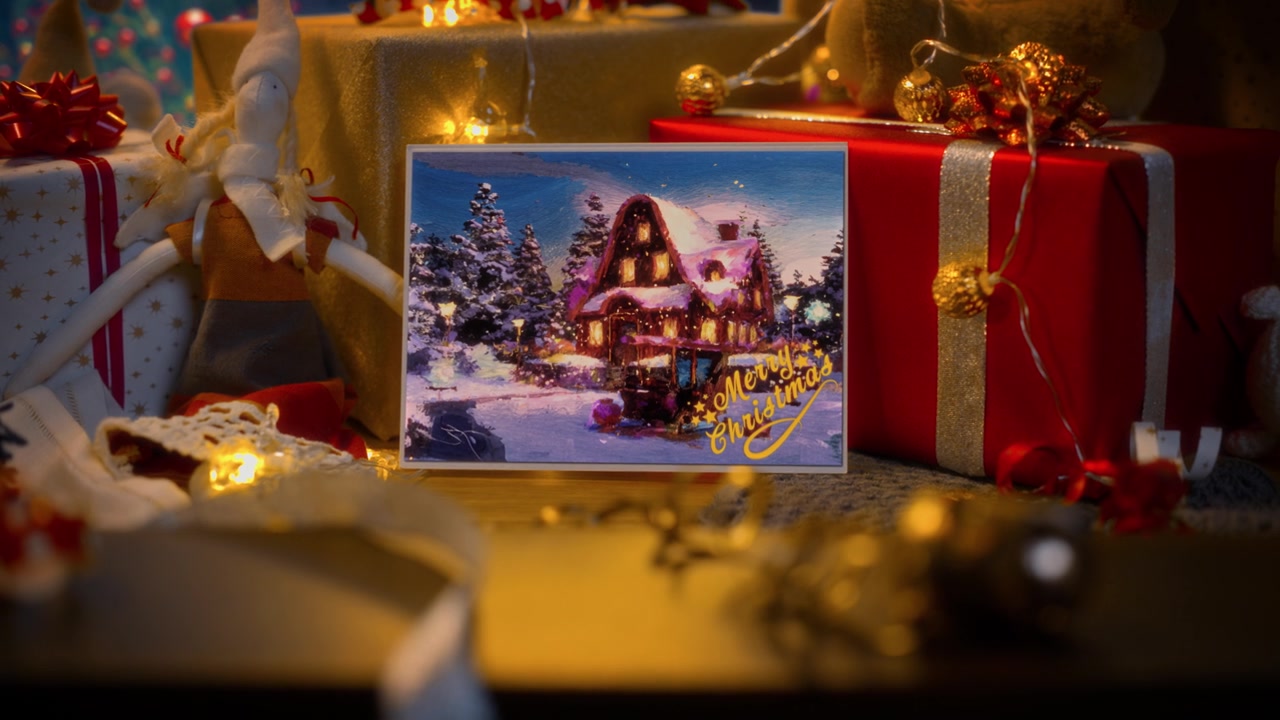 詳情圖-神奇的動畫圣誕賀卡或藝術(shù)繪畫與一個舒適的房子，風(fēng)格與節(jié)日裝飾冬季假期。圣誕老人在森林里的家有很多雪和一輛裝滿禮物的雪橇