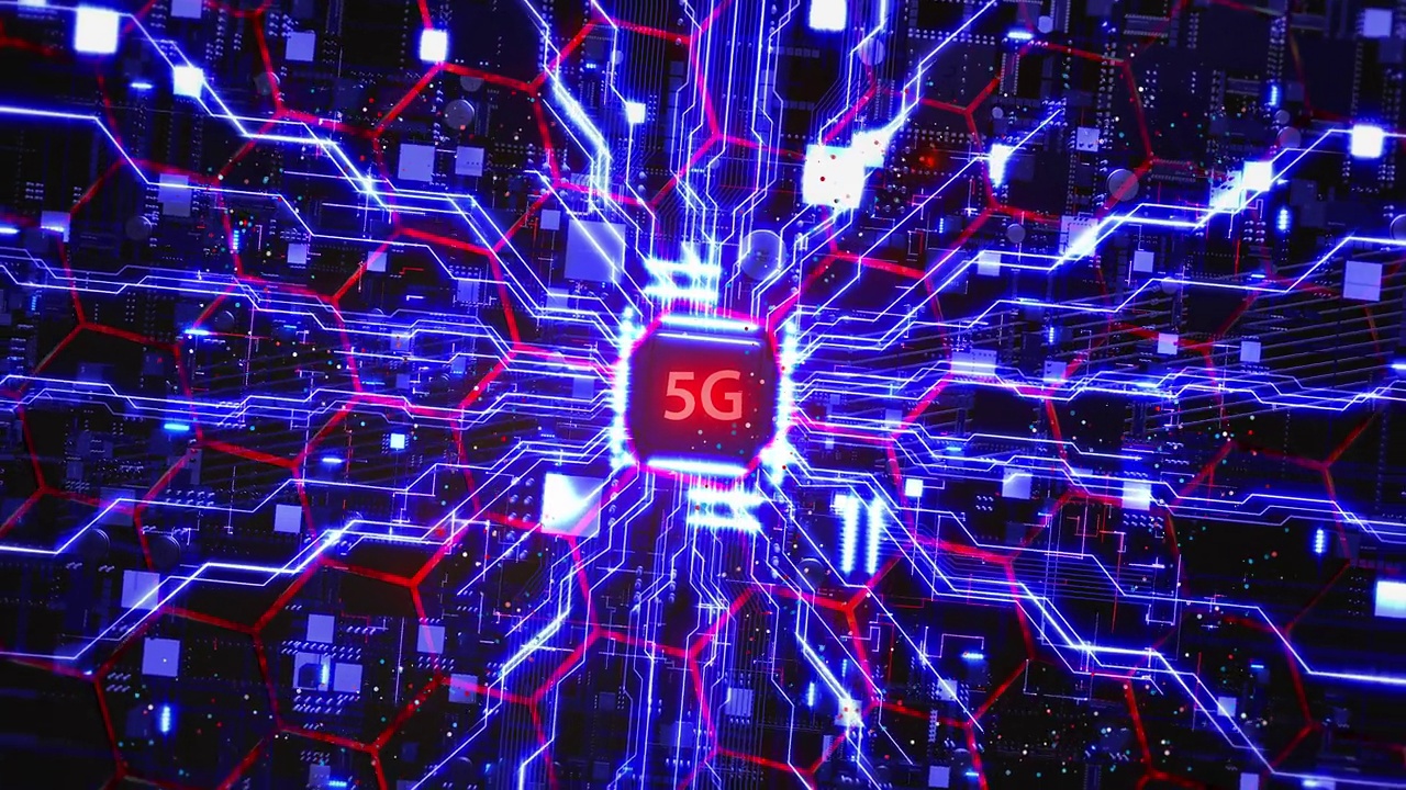 支持5G的AI计算机系统。AI芯片上的5G文字发光。