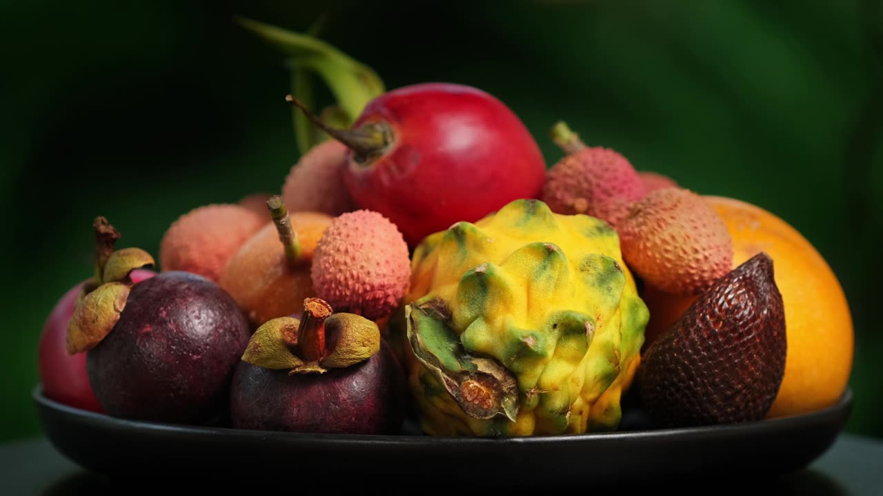 详情图-在绿色背景上旋转异国水果(百香果，柽柳，荔枝，Pitahaya,,Salak,,Granadilla，山竹)