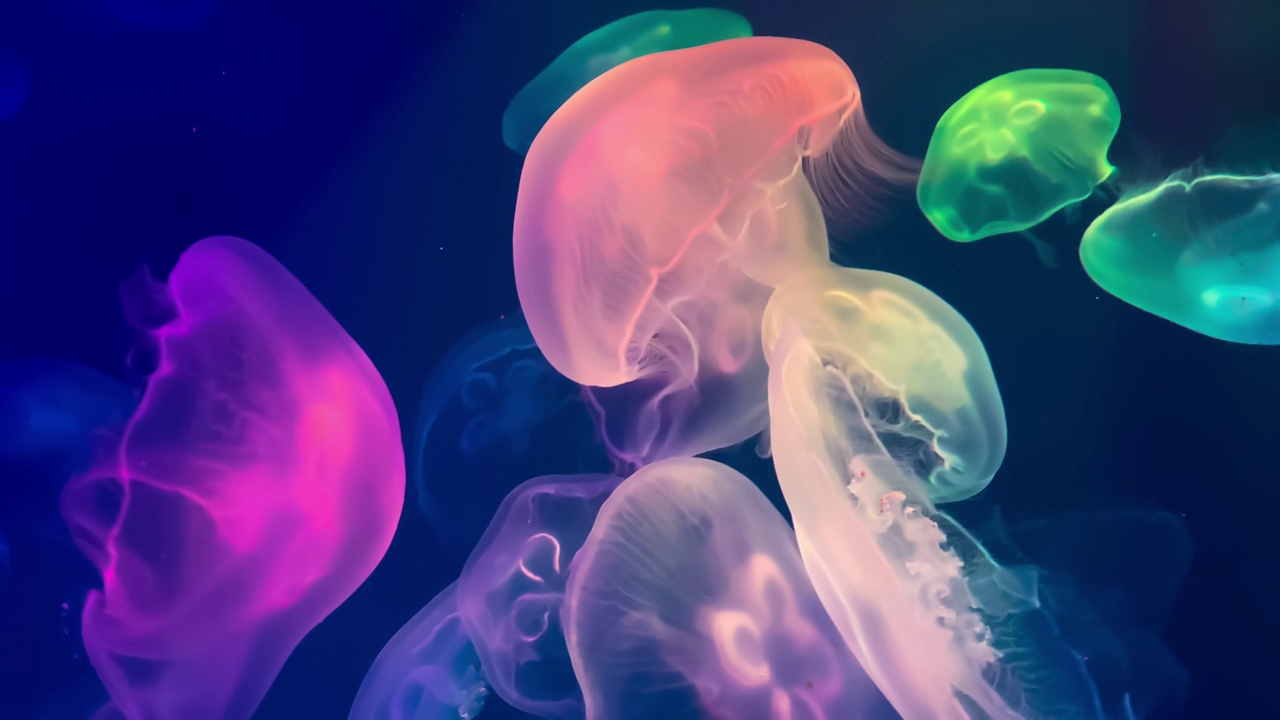 详情图-闪亮的荧光水母在水下发光。磷光宇宙水母。有选择性的重点。