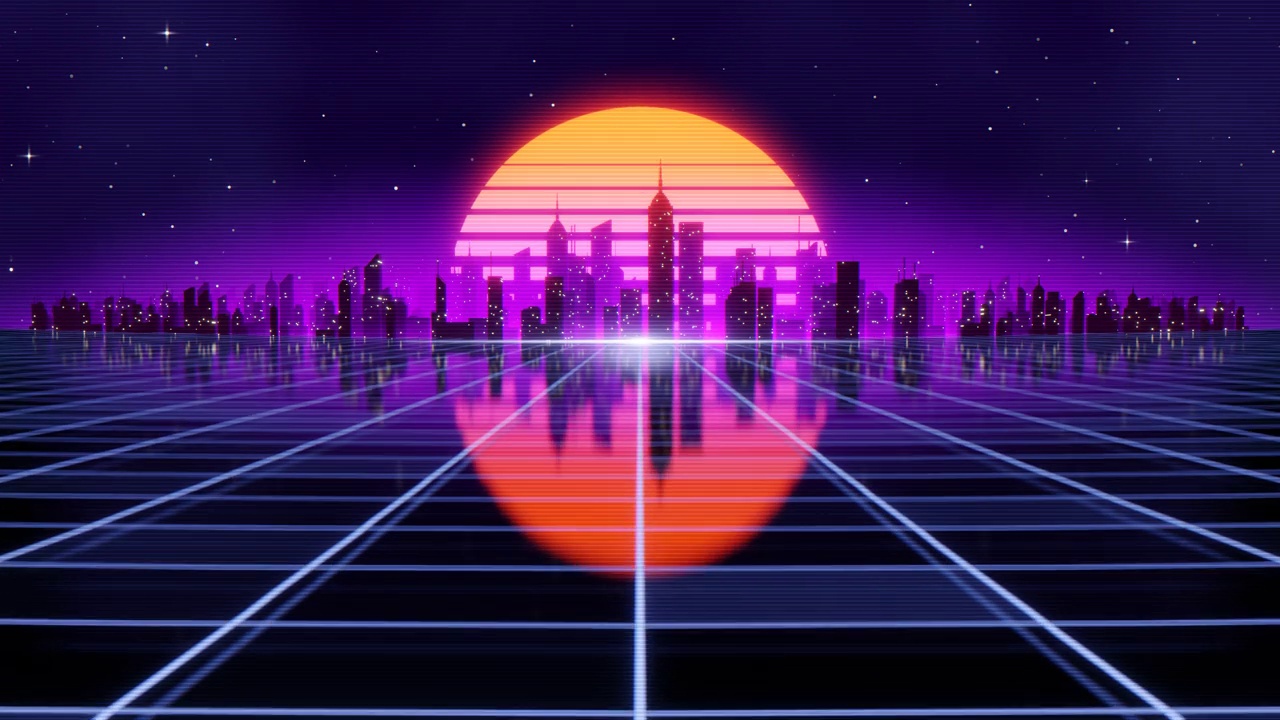 詳情圖-復古未來的80年代風格的循環(huán)動畫與夜晚的城市背景。Synthwave無縫循環(huán)賽博朋克城市景觀的音樂視頻。