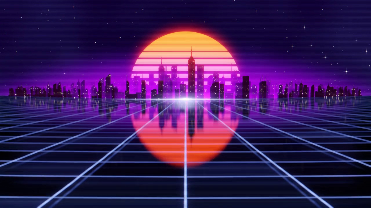 詳情圖-復古未來的80年代風格的循環(huán)動畫與夜晚的城市背景。Synthwave無縫循環(huán)賽博朋克城市景觀的音樂視頻。