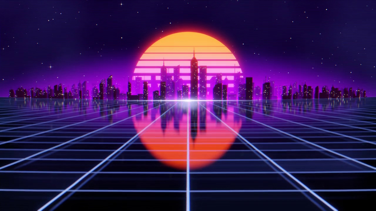 詳情圖-復古未來的80年代風格的循環(huán)動畫與夜晚的城市背景。Synthwave無縫循環(huán)賽博朋克城市景觀的音樂視頻。