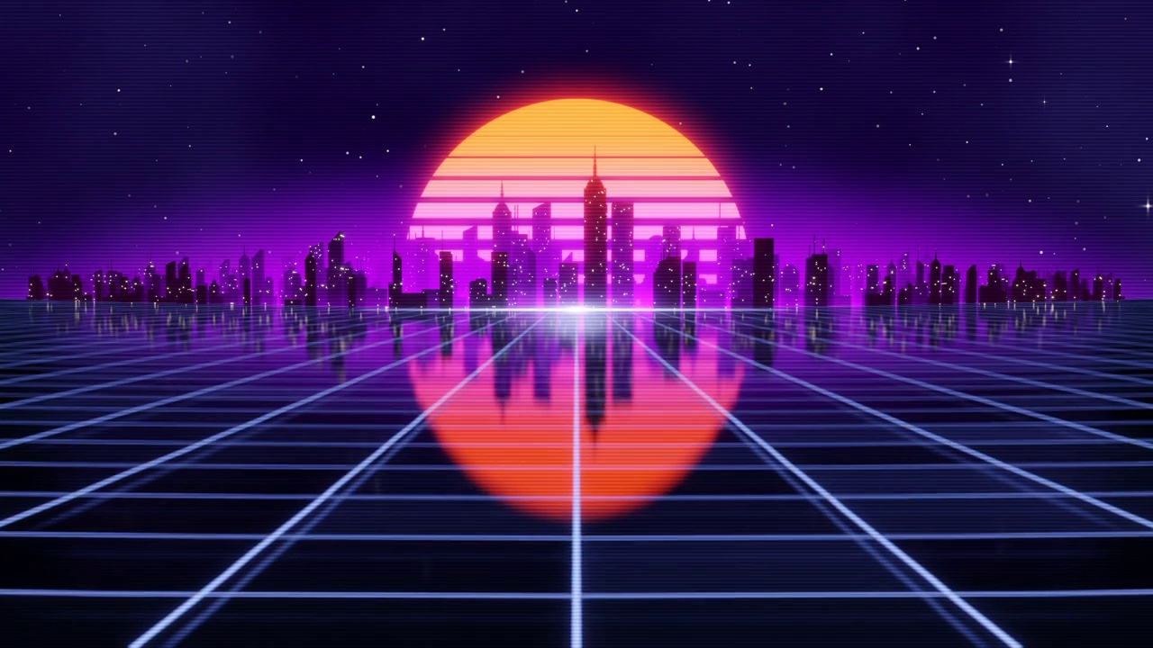 詳情圖-復古未來的80年代風格的循環(huán)動畫與夜晚的城市背景。Synthwave無縫循環(huán)賽博朋克城市景觀的音樂視頻。