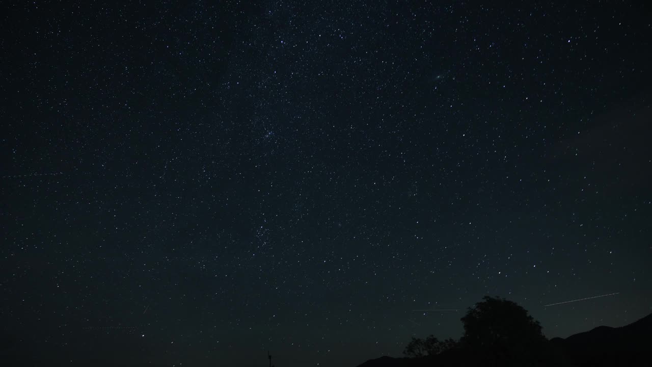 在夏季，在流星事件期间，一个晴朗的夜晚，蓝色的天空，充满了可见的星星的全景延时