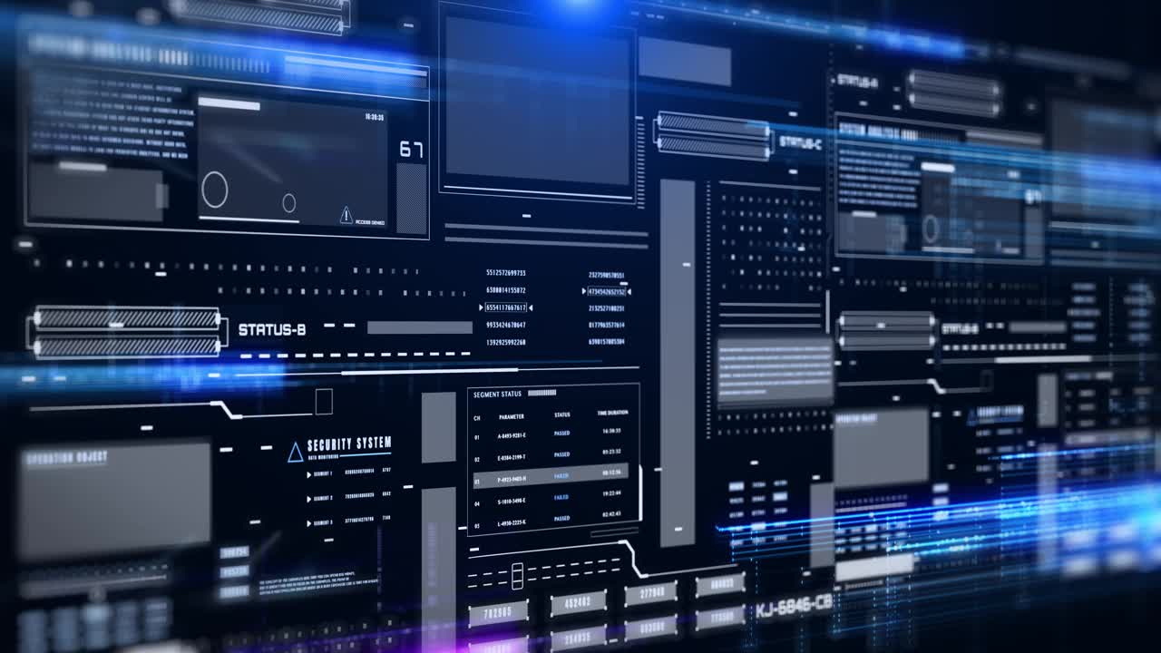 HUD未来与辉光流线数据传输通信侧景观视图。数字技术大数据分析4K动态模糊平台
