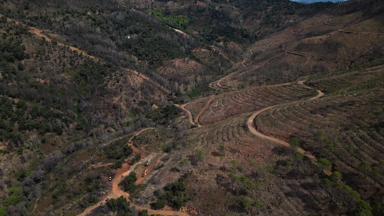 西班牙山区的森林砍伐工业鸟瞰图