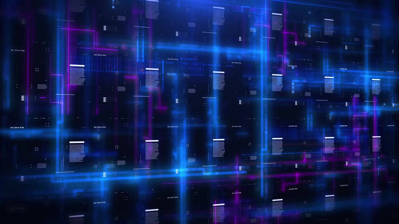 HUD UI, GUI未来与散焦辉光流线数据传输通信。数字技术大数据传输分析4K运动平台