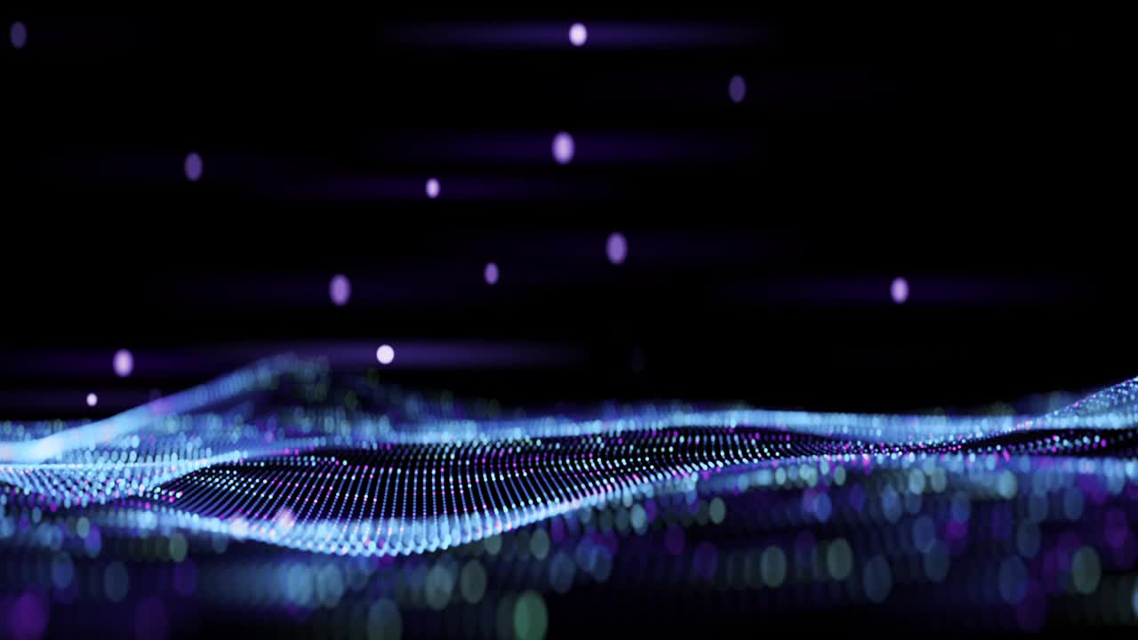 数据波或水波围绕着上升的发光球体。毛圈。点地形寒潮。光线轨迹。大数据。质子泵的可视化。