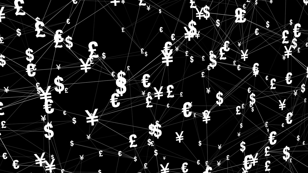 以黑色背景的美元、欧元、日元、人民币、英镑符号组成的互联货币组合，全球货币之间的联系和金融市场的动态特性