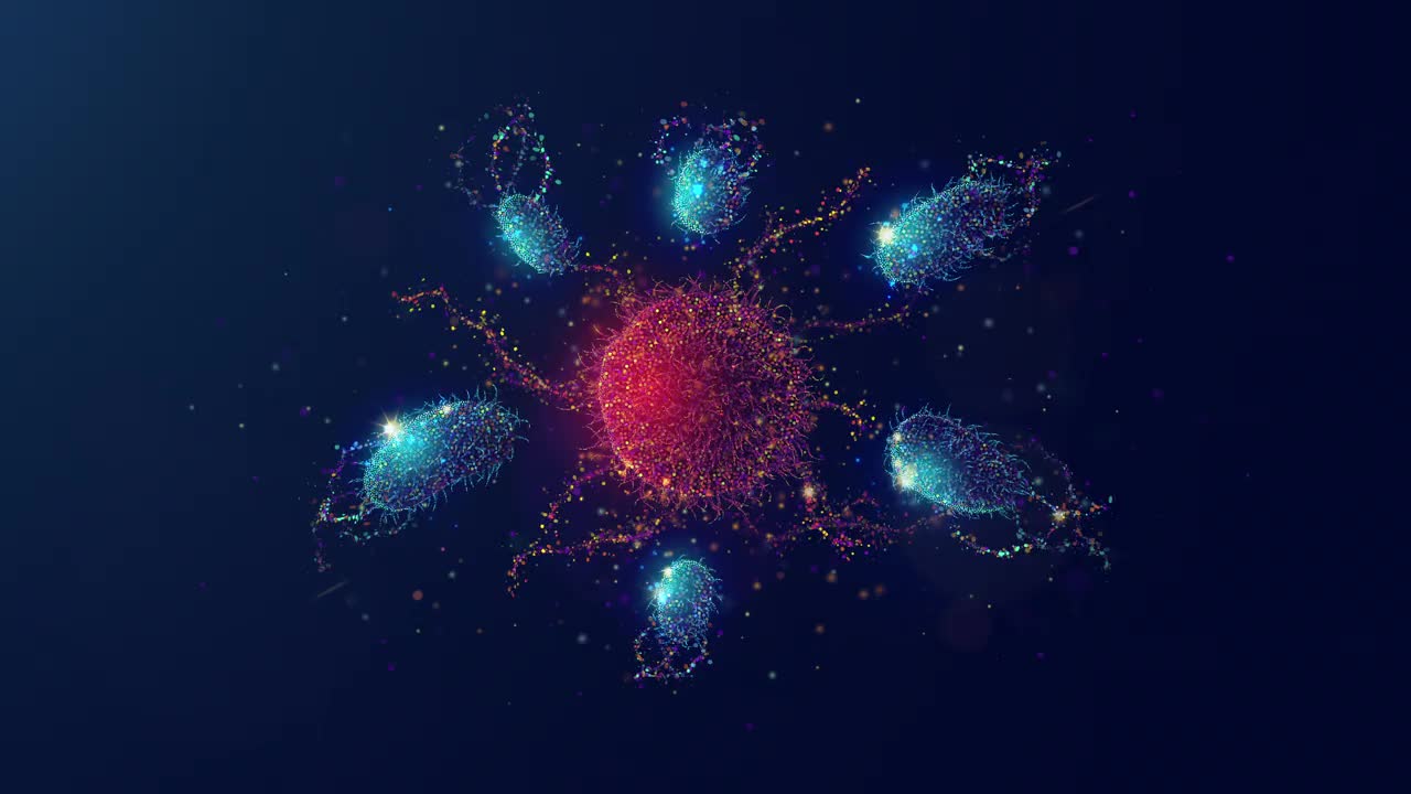 一个免疫系统细胞对抗病毒疾病的霓虹灯粒子的动画插图。4K环形运动图形背景