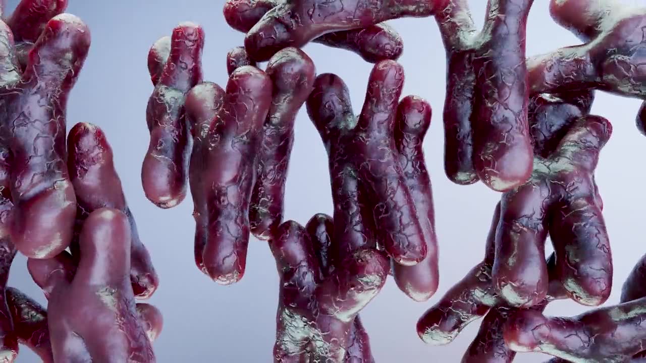 详情图-显微镜下的人类染色体，基因组序列。分子生物学，DNA分子，浮动染色体，遗传密码，遗传学概念，3d渲染