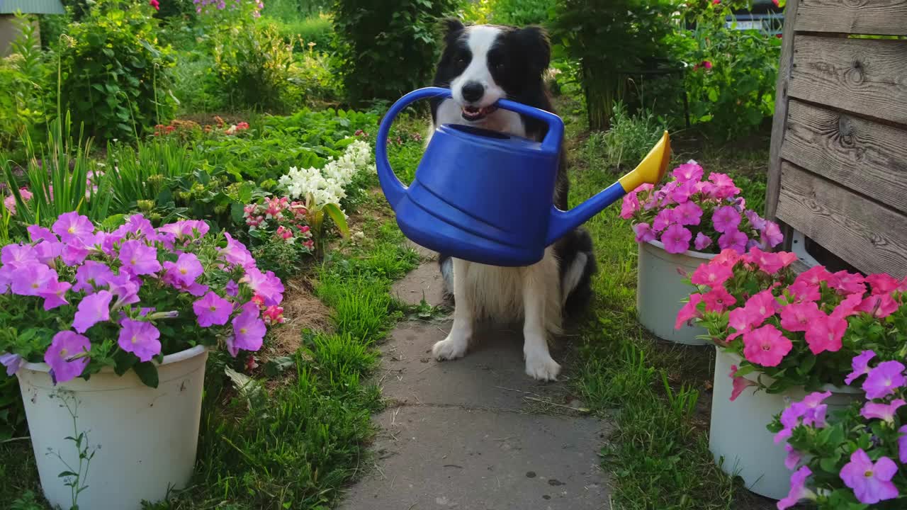 户外肖像可爱的狗边境牧羊犬拿着喷壶在花园的背景。滑稽的小狗当园丁拿着灌溉用的水罐。园艺和农业的概念。