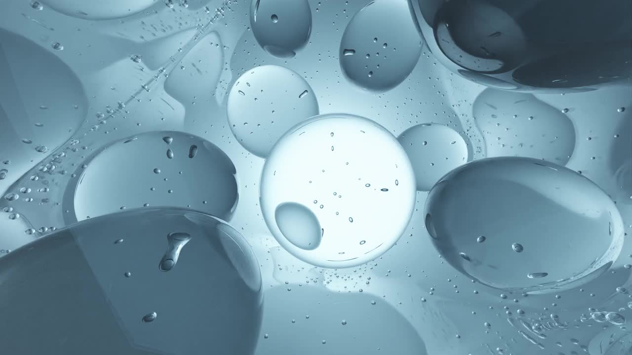 凝胶球的3D动画。液体凝胶透明气泡混乱地运动并相互作用。时尚抽象3D动画
