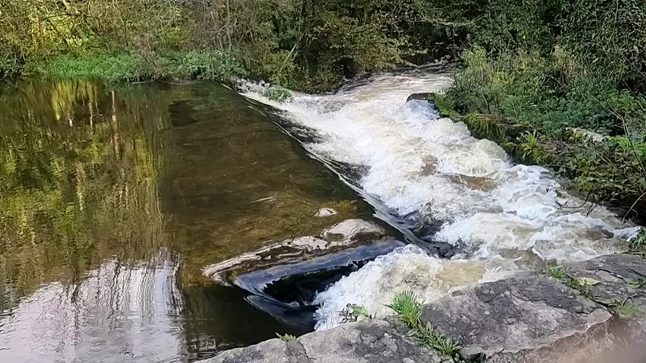 层叠的慢动作，清澈的河水顺着石头治水墙流过林地