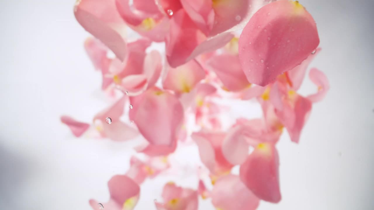 白色背景下粉红玫瑰花瓣的超级慢动作。