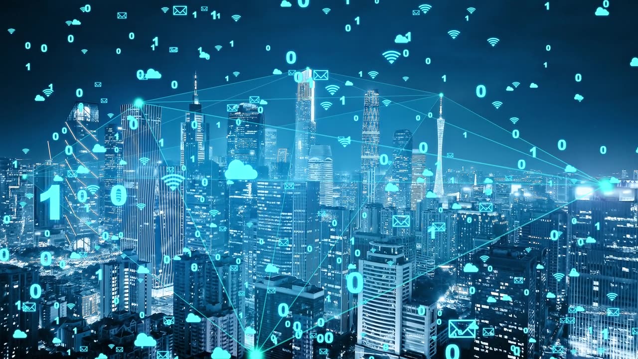 詳情圖-智慧城市概念。航拍的城市天際線在夜間在廣州，廣東省，中國