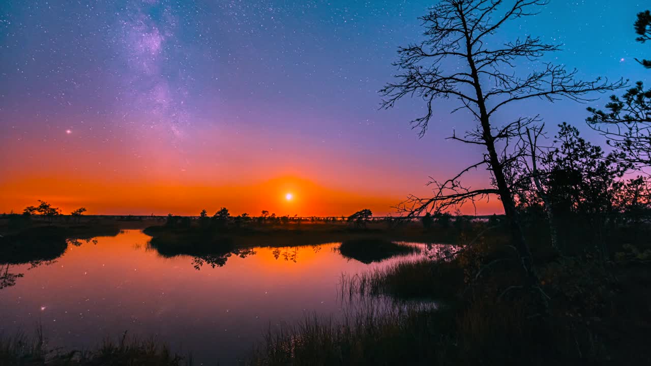 4K松树剪影在日落和夜间过渡背景。月亮升出水面。景观与湖泊沼泽沼泽湿地自然在夜间灯光。延时星空银河系与发光的星星