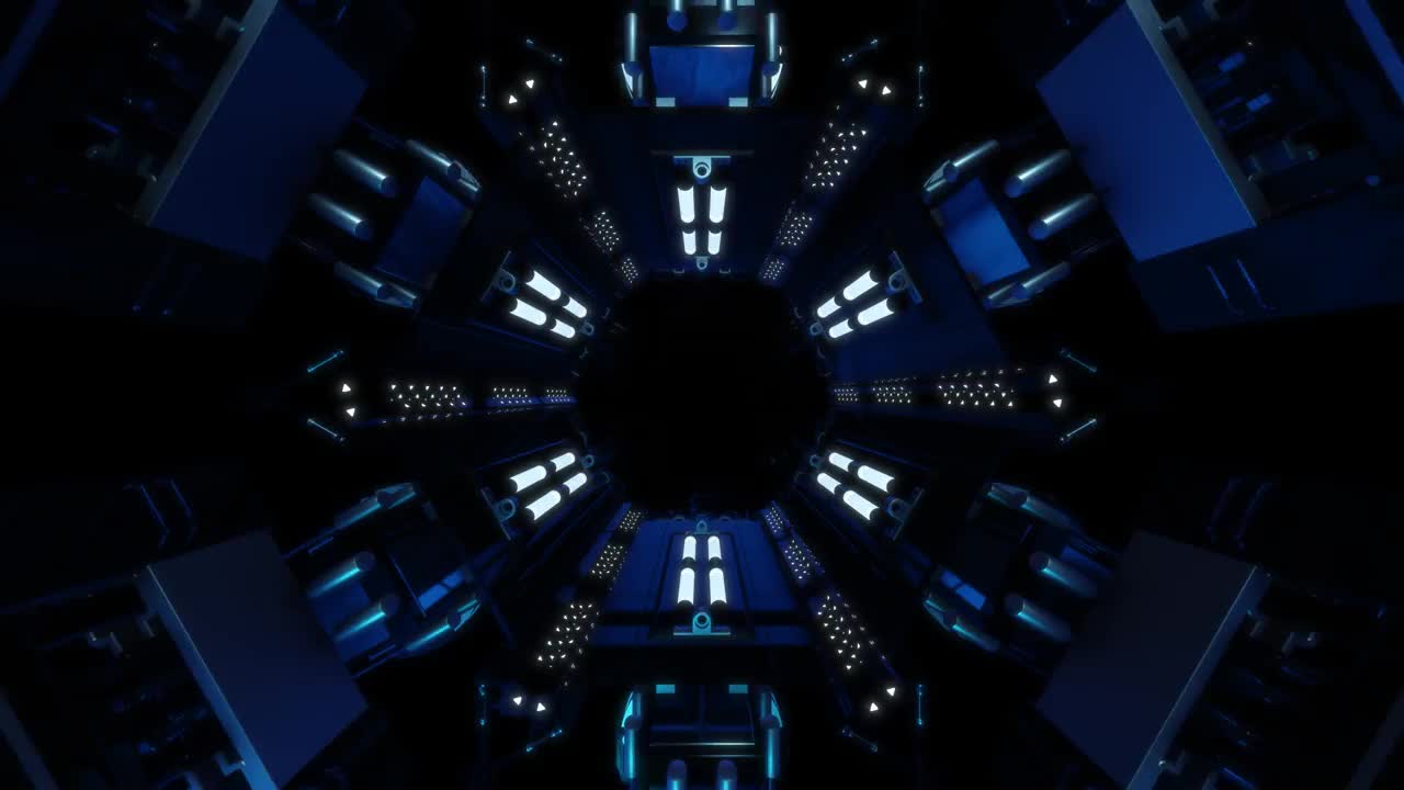 科幻背景小说室内房间科幻飞船走廊蓝色，3D渲染。时髦的赛博朋克VJ循环，明亮的霓虹灯图案外太空奇妙的宇宙飞船结构。高科技霓虹灯隧道
