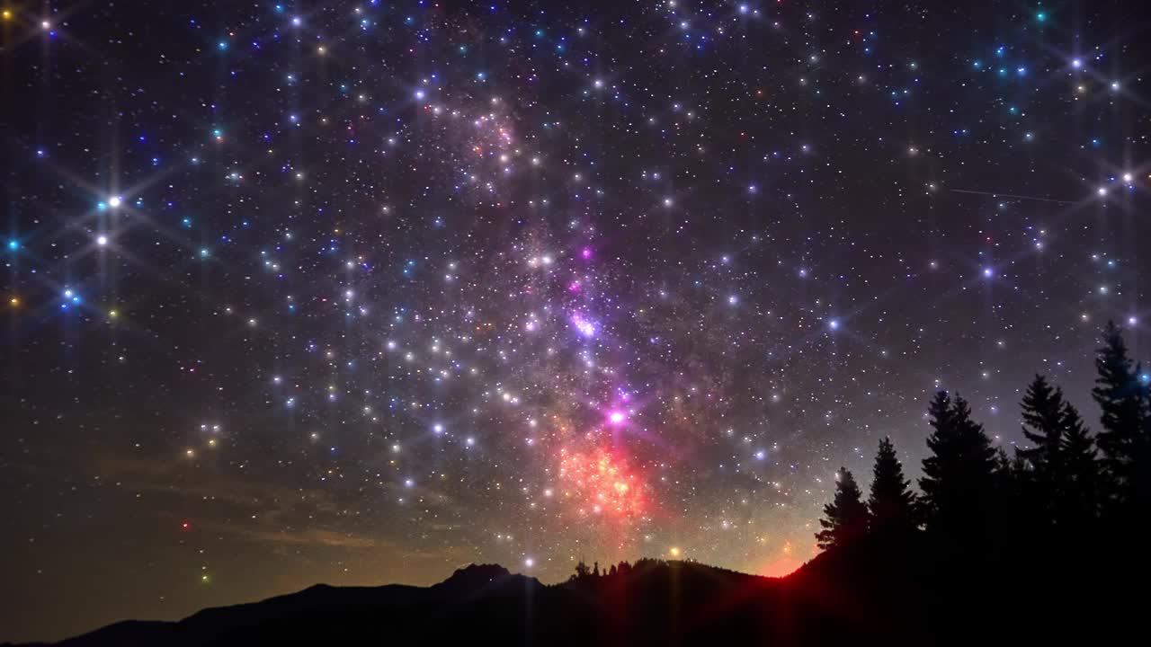 夜空中有山峰上空星星的剪影，光线的效果