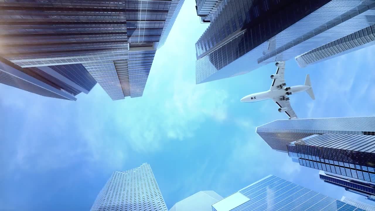 详情图-柳州。飞机降落，起飞城市摩天大楼路标