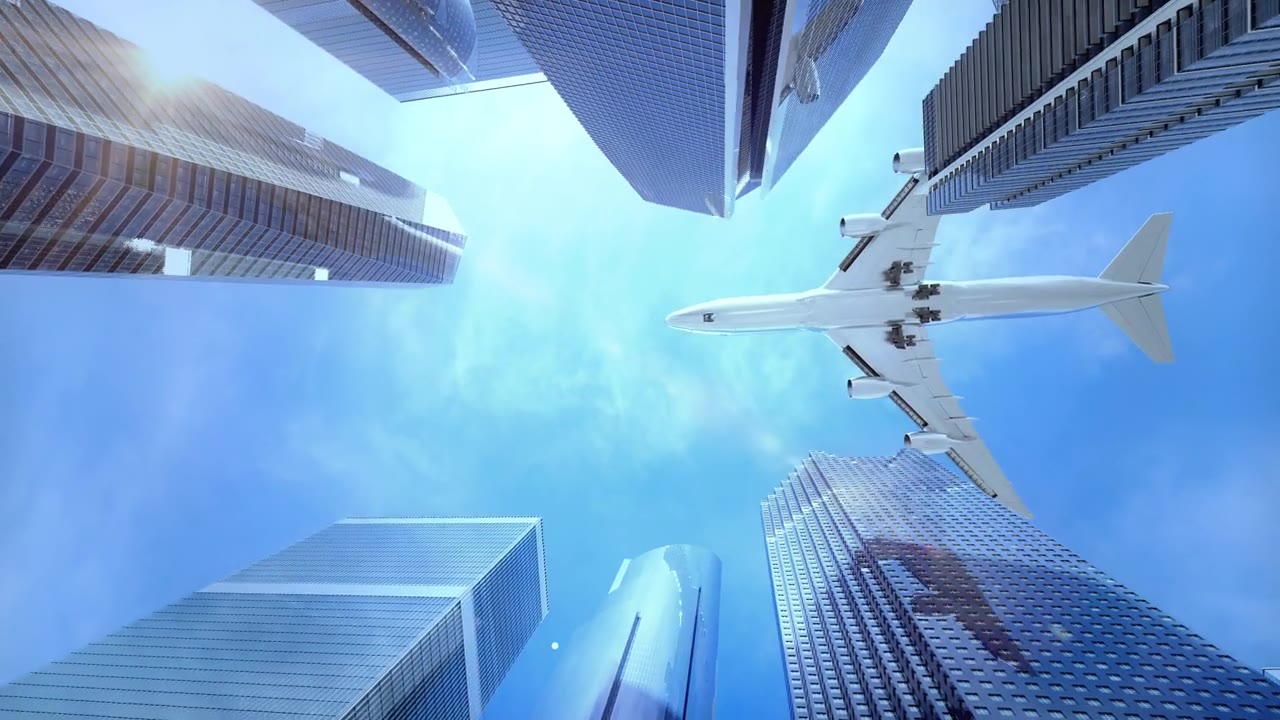 详情图-柳州。飞机降落，起飞城市摩天大楼路标